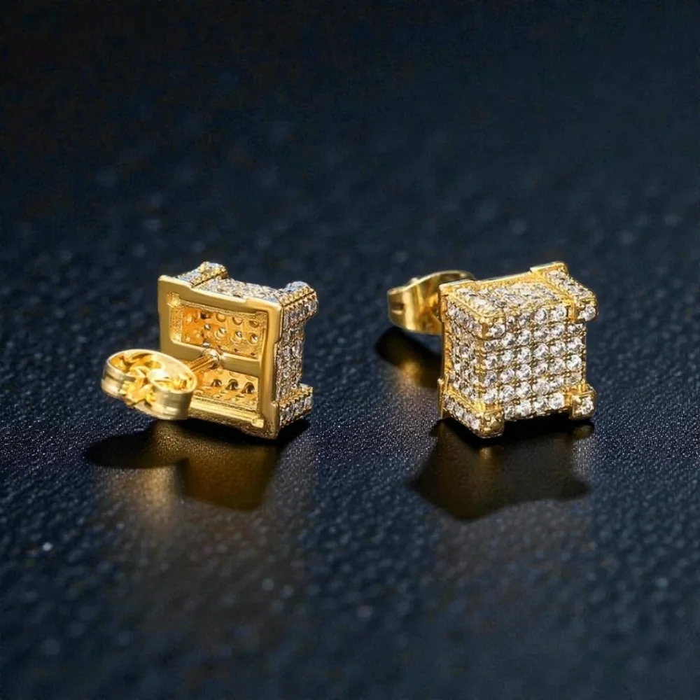 14K Mens Micropave Square Earrings